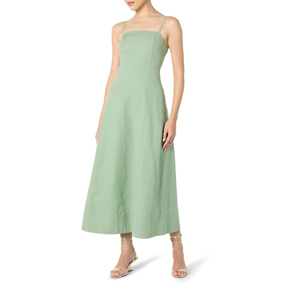 The Drop Linen Blend Square Neck Smocked Back Midi Dress Sage Green